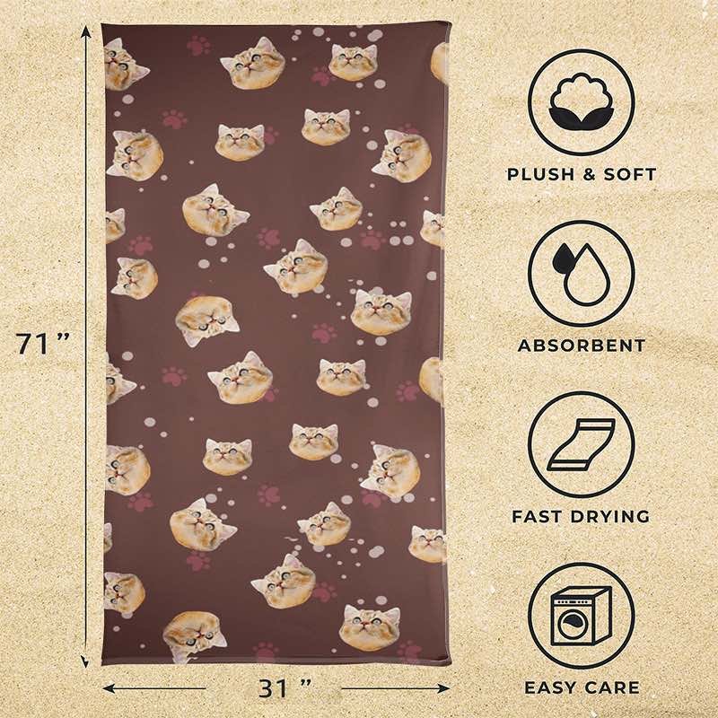 Brown cat print towel with product features listed on a beige background