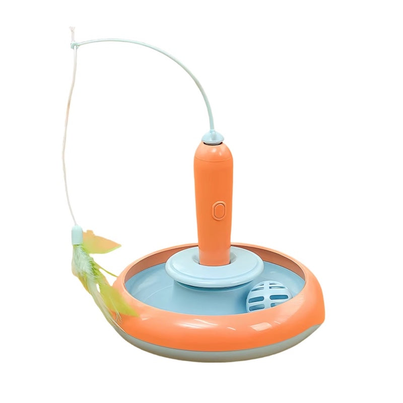 An orange and light blue cat toy featuring a circular base, a central handle, a curved wand, and a dangling feather, shown on a plain white background.