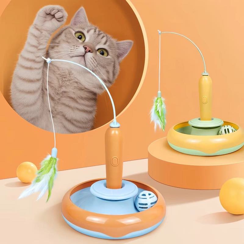 Cat playing with a toy on an orange background
