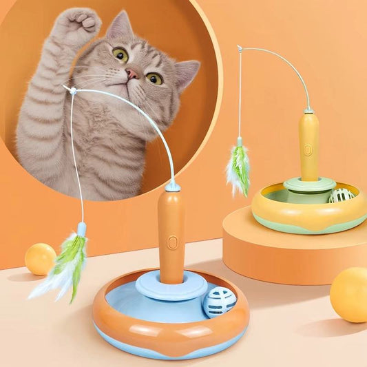 Cat playing with a toy on an orange background