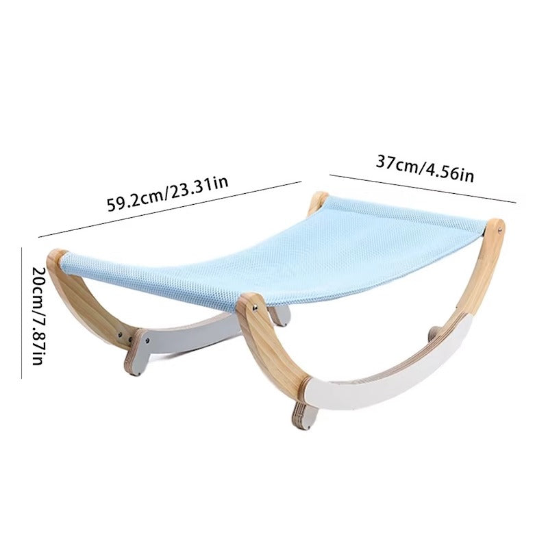 Portable cat hammock with wooden frame and measurements on a white background