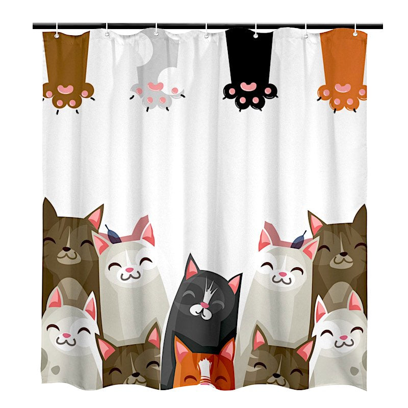 Shower curtain with cartoon cats design on a white background