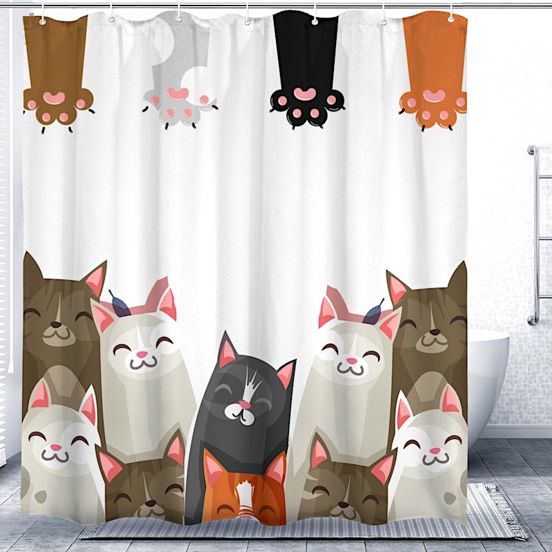Shower curtain with cartoon cat designs on a white background