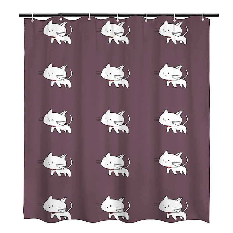 Brown shower curtain with a white cat pattern design on a white background.