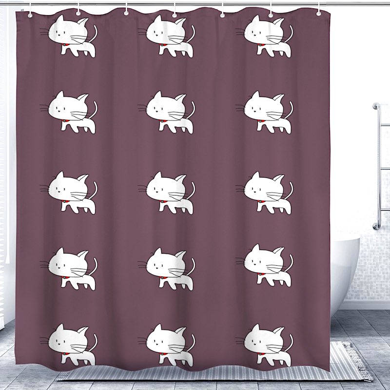 Shower curtain with a white cat pattern on a brown background, displayed in a bathroom setting