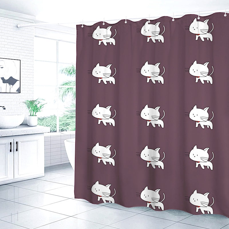 Brown shower curtain with cat pattern, in a bathroom setting