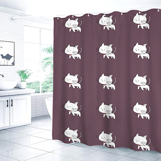 Brown shower curtain with cat pattern, in a bathroom setting