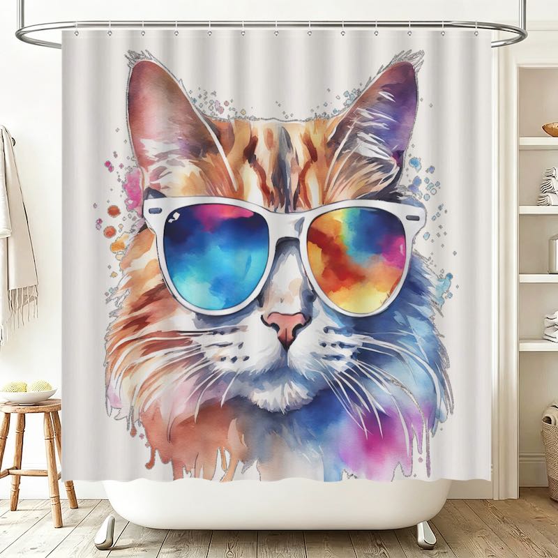 A white shower curtain featuring a colorful watercolor-style illustration of a cat wearing white sunglasses with blue, purple, and orange mirrored lenses. The curtain is shown hanging in a bright bathroom with a bathtub, wooden floor, stool, and shelving visible.