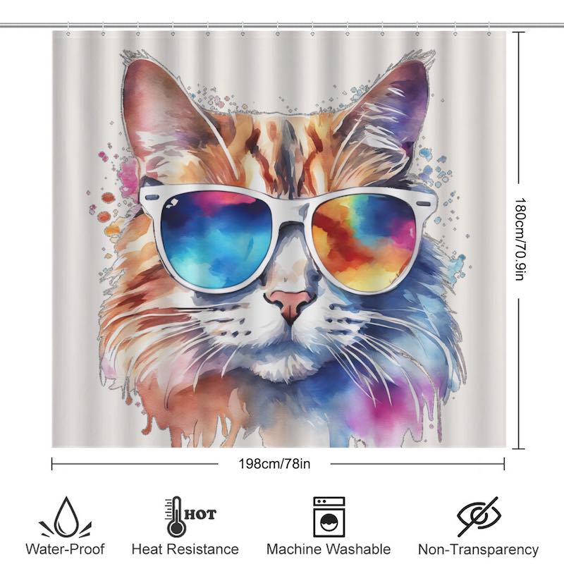 Waterproof shower curtain featuring a colorful watercolor illustration of a cat wearing sunglasses, with dimension markings showing 180cm/70.9in height and 198cm/78in width, plus feature icons for water-proof, heat resistance, machine washable, and non-transparency.