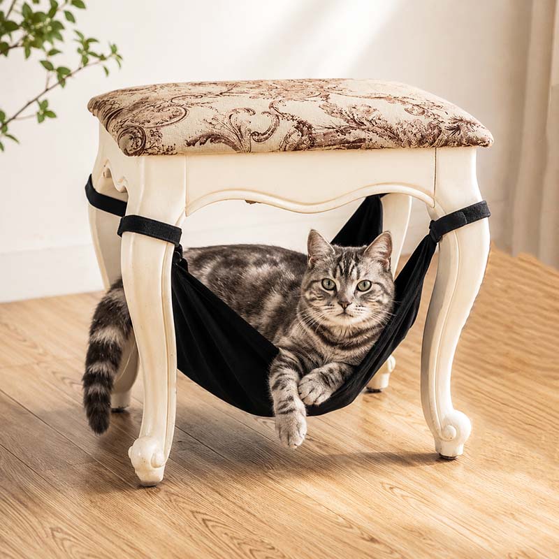 A gray tabby cat lies comfortably inside a black fabric pet hammock suspended under a cream-colored vanity chair with a brown paisley patterned cushion, set on a light wood floor.