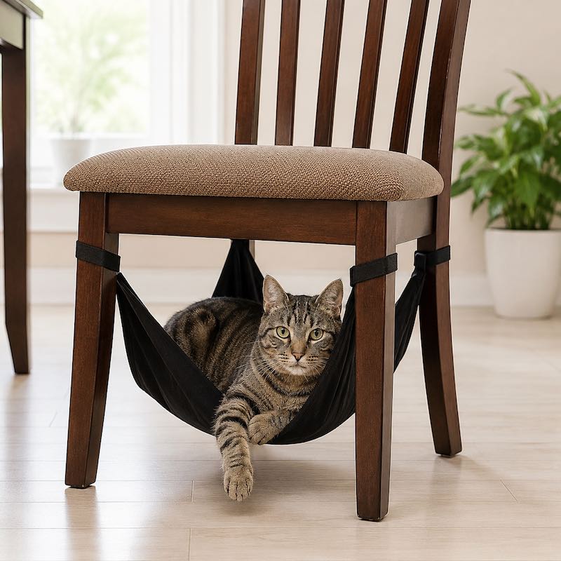 A brown tabby cat lies stretched inside a black fabric pet hammock suspended between the legs of a wooden dining chair with a beige upholstered seat, in a bright indoor room.