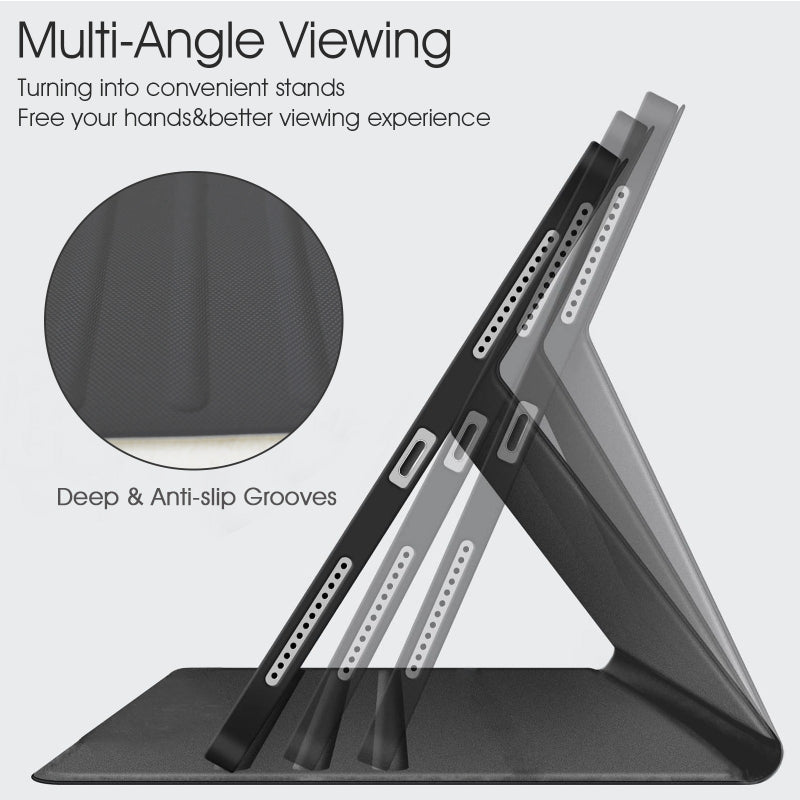 Black tablet case with built-in stand, shown in a multi-angle view with text explaining its foldable stand function and a circular close-up of the textured inner surface.