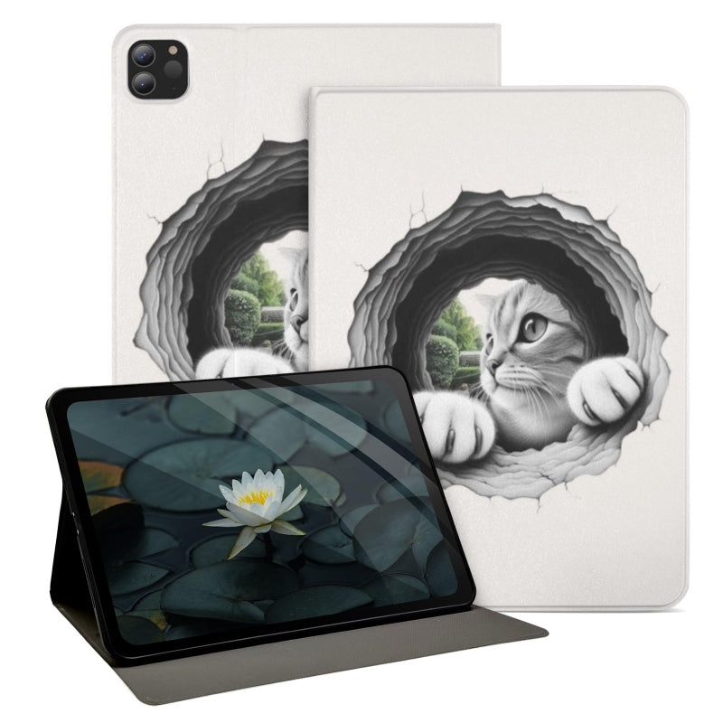 A tablet case shown on a white background, with one case standing open as a kickstand and another case behind it. The case has a realistic printed design of a cat peeking through a torn hole in the surface.