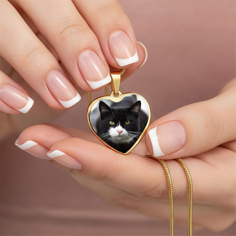 Personalized Cat Photo Necklace Heart Pendant Engraved Cat Lover Gift