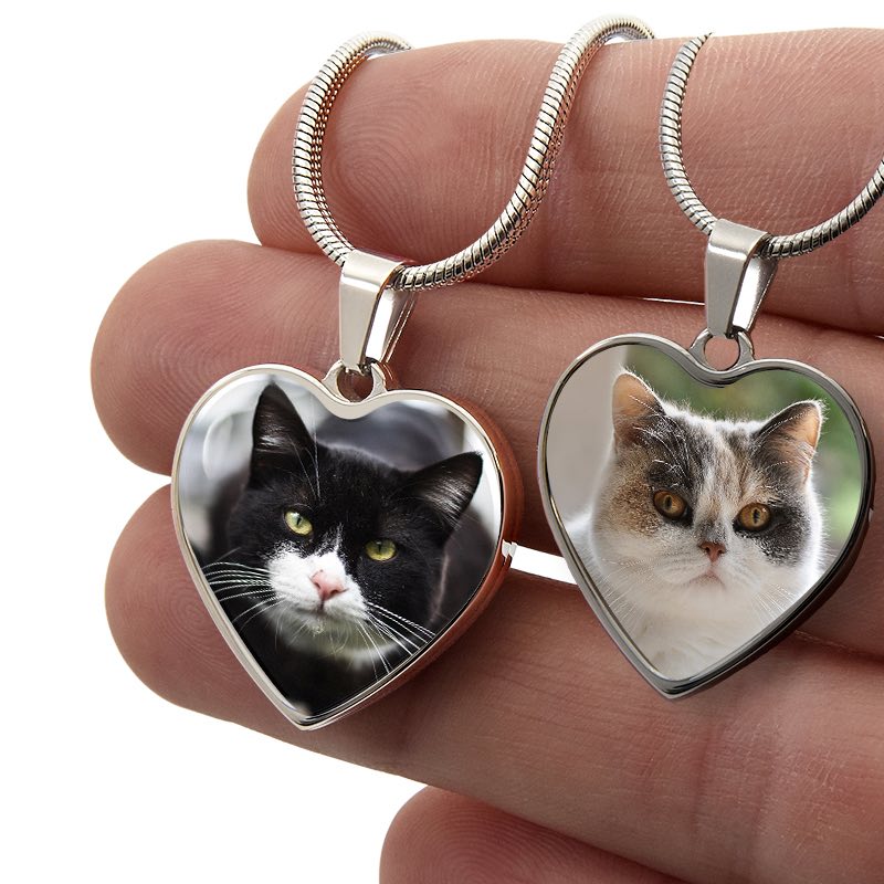 Personalized Cat Photo Necklace Heart Pendant Engraved Cat Lover Gift