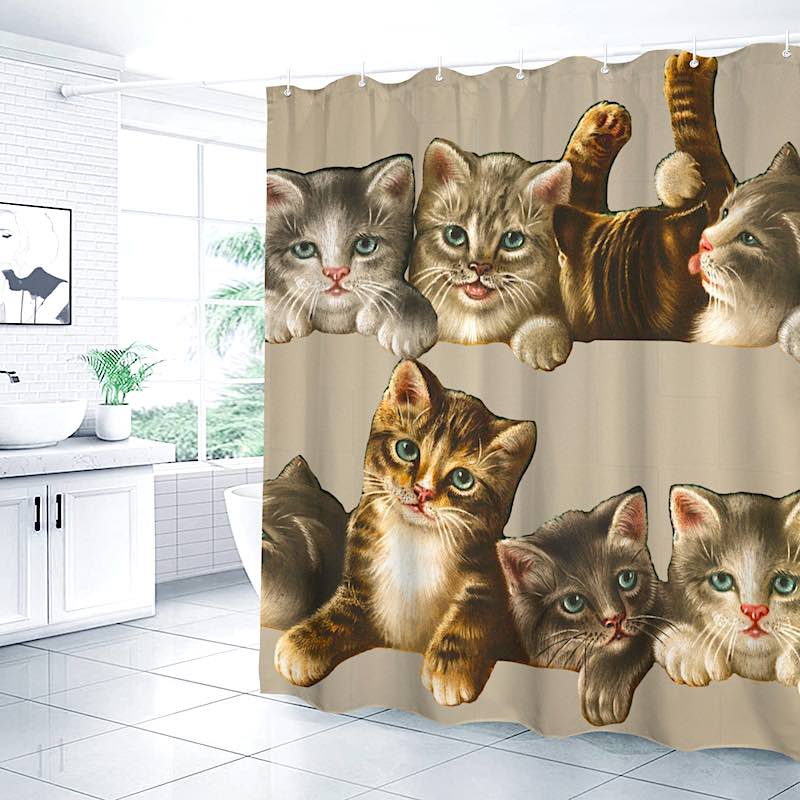 Shower curtain with cat design in a bathroom setting