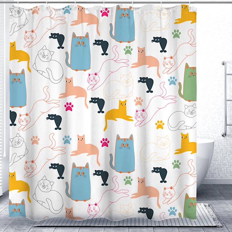 Shower curtain with colorful cat pattern on a grey background