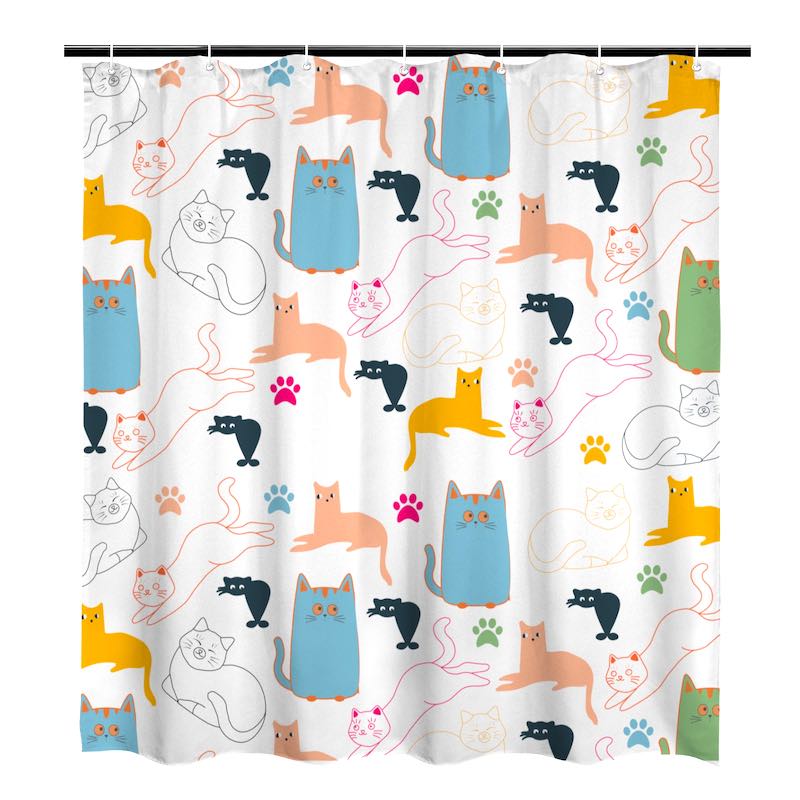 Shower curtain with colorful cat pattern on a white background