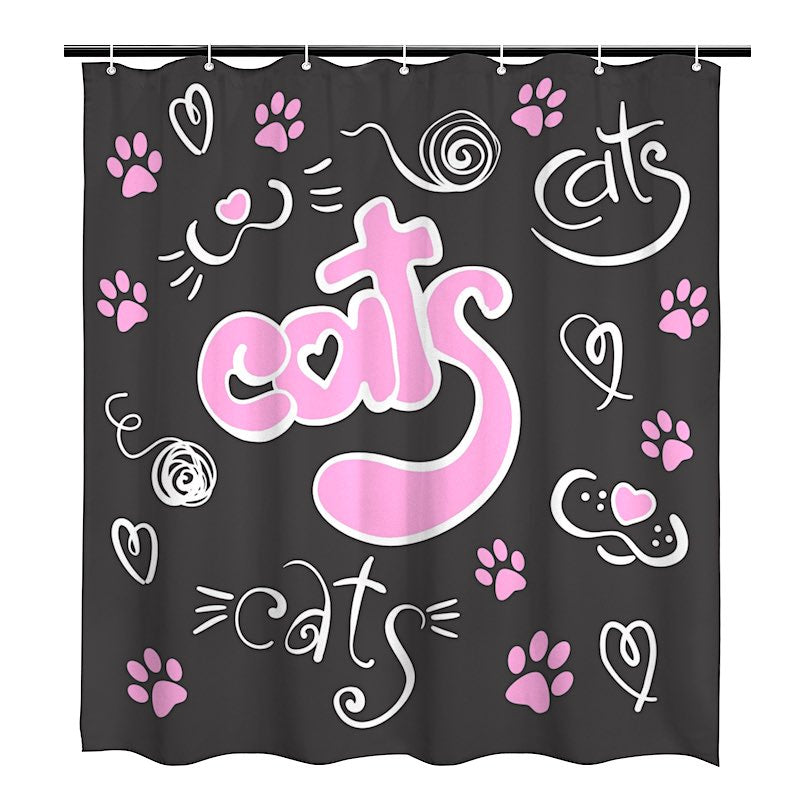 Black shower curtain with pink and white text and graphics, on a white background
