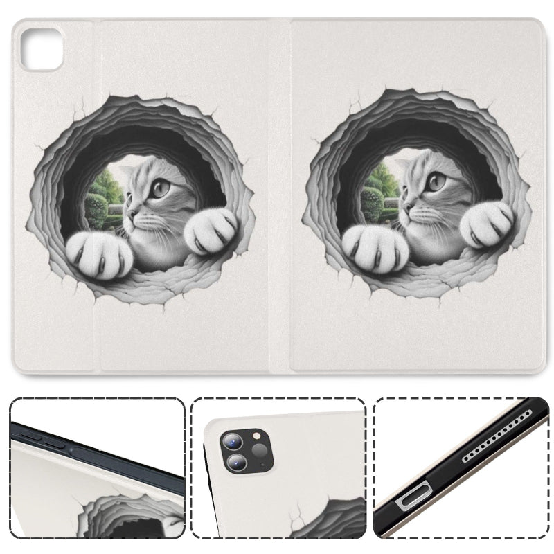 A phone case shown open, featuring a realistic 3D-effect design of a cat peeking through a torn hole in the beige cover. Three small detail insets at the bottom show the case edge, camera cutout, and port opening.