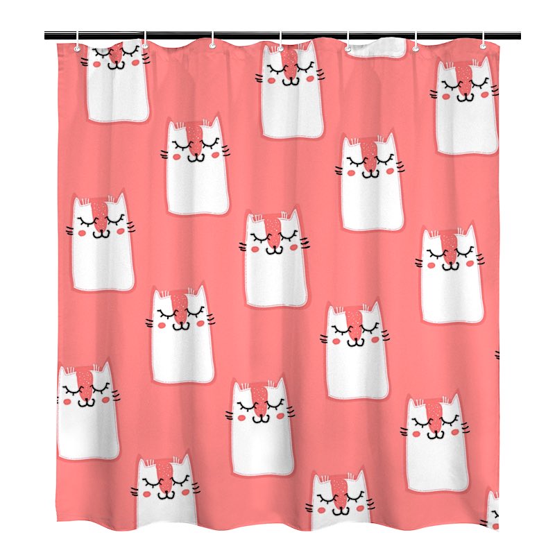 Shower curtain with white cat faces on a pink background