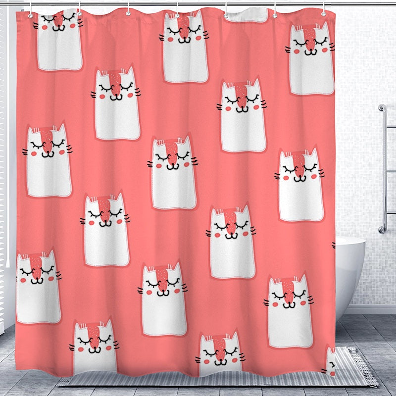 Pink shower curtain with cat pattern, displayed in a bathroom setting