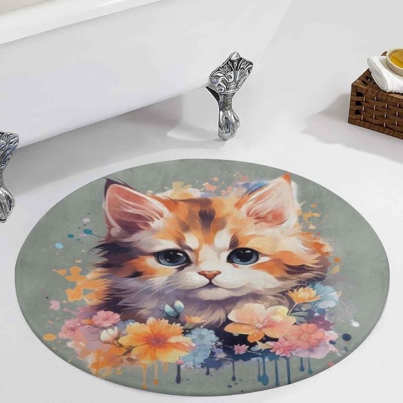 Round bath mat with a colorful cat design on a bathtub.