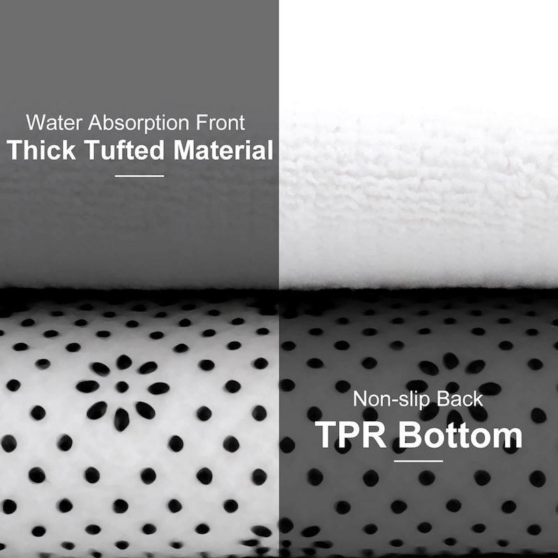 Fabric swatch with text describing water absorption front, thick tufted material, non-slip back, and TPR bottom.