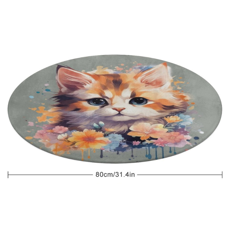 Round mat with a colorful cat design and floral elements, size 80cm/31.4in.