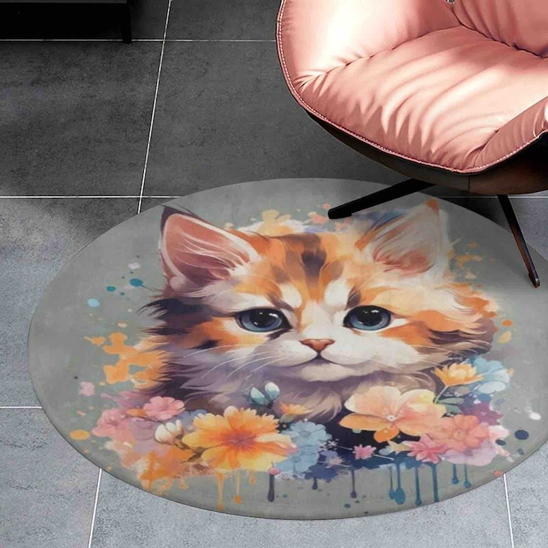 Round rug with a colorful cat and floral design on a tiled floor.