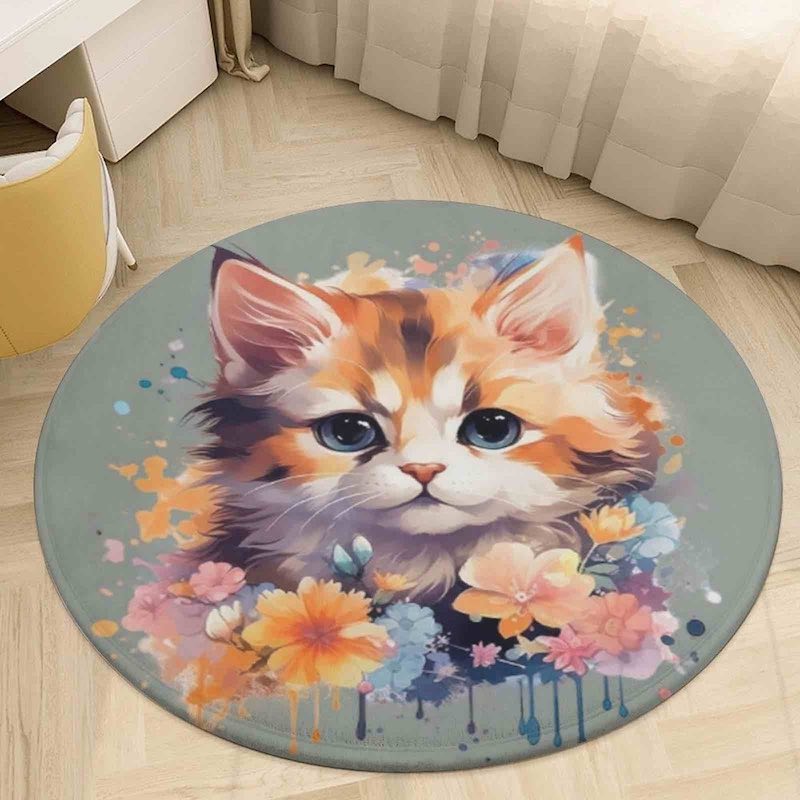 Round rug with a colorful cat and floral design on a wooden floor.