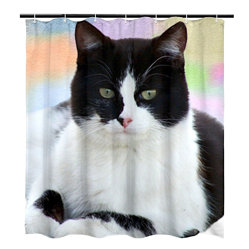 Shower curtain with a black and white cat design on a colorful background