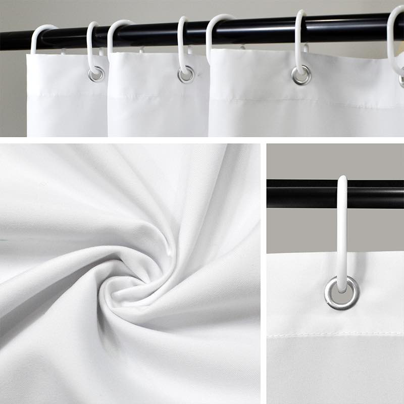 White shower curtain with hooks on a rod, close-up of fabric texture, and a single hook.