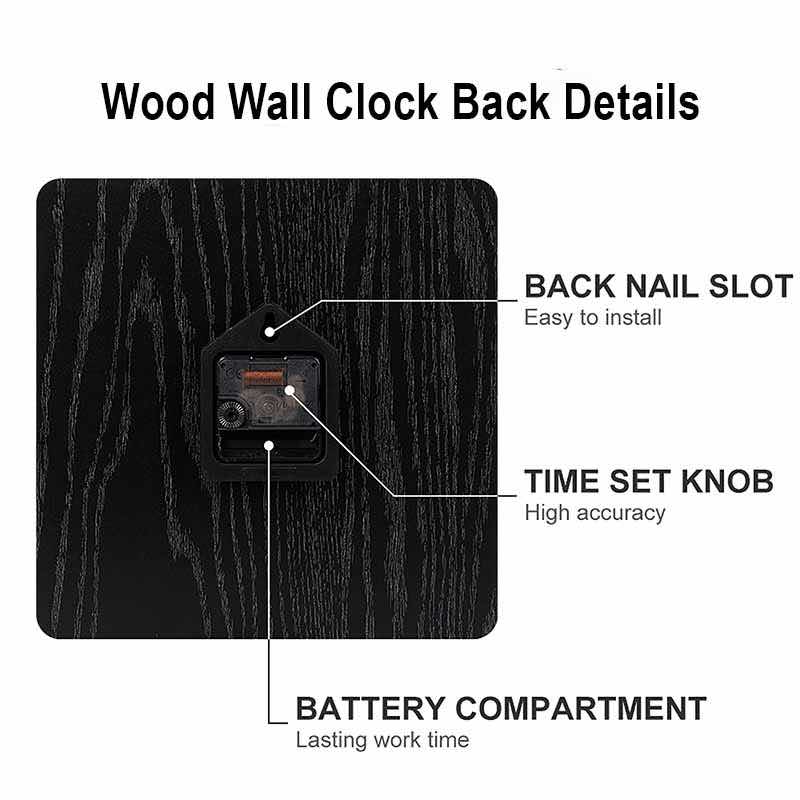 Back of wooden wall clock showing nail slot, time set knob, and battery compartment