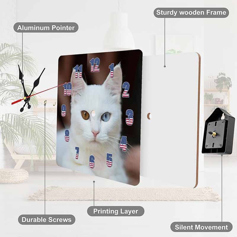 Cat wall clock and labeled parts on a white background
