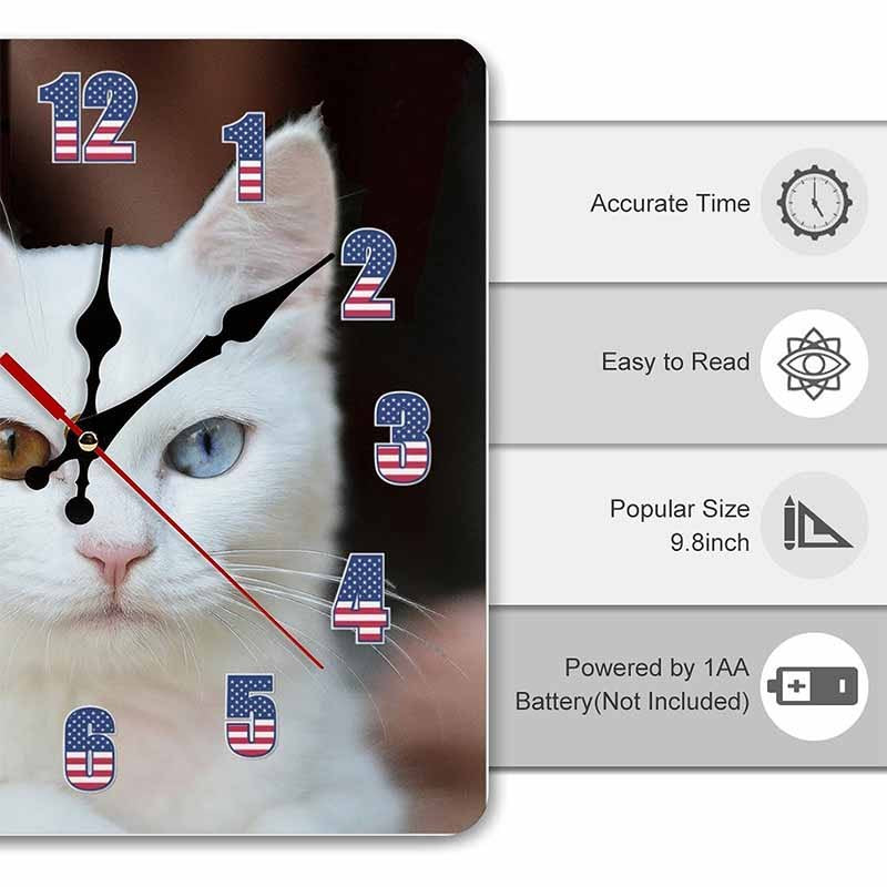 White cat wall clock with different-colored eyes, American flag numbers, and feature icons showing time accuracy, readability, size, and battery power