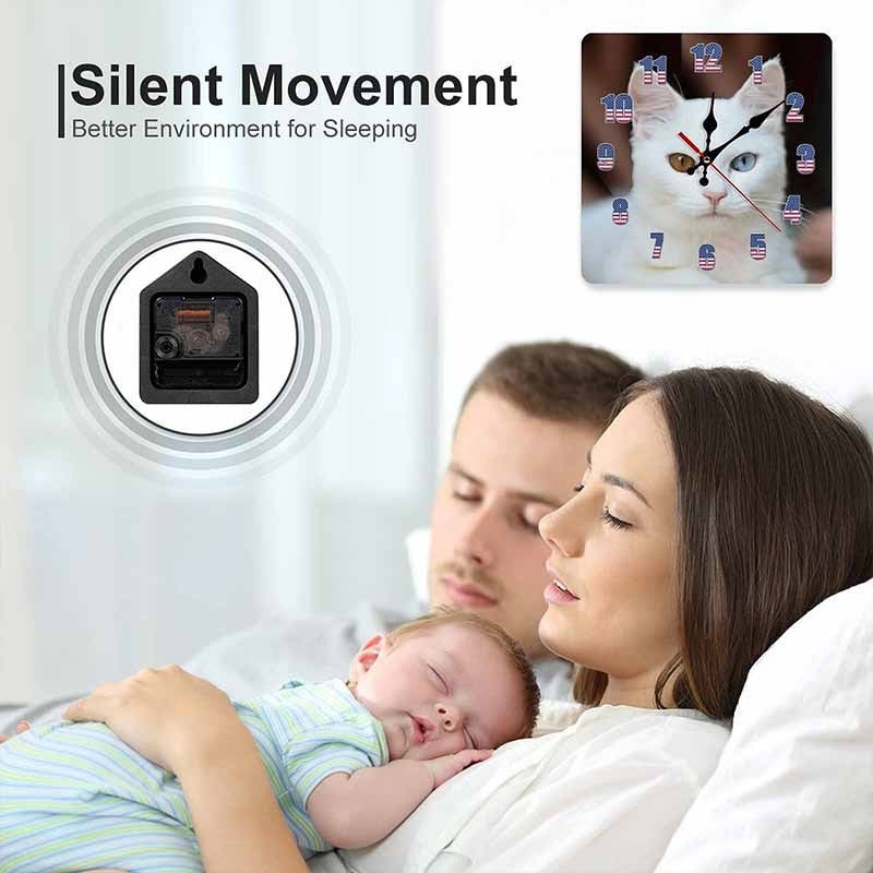 Silent wall clock with white cat design shown in a bedroom scene with sleeping family, highlighting quiet movement