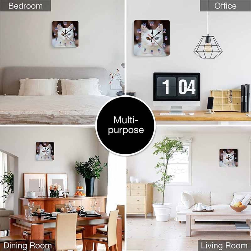 Collage of a cat clock in different rooms, including the bedroom, office, dining room, and living room.