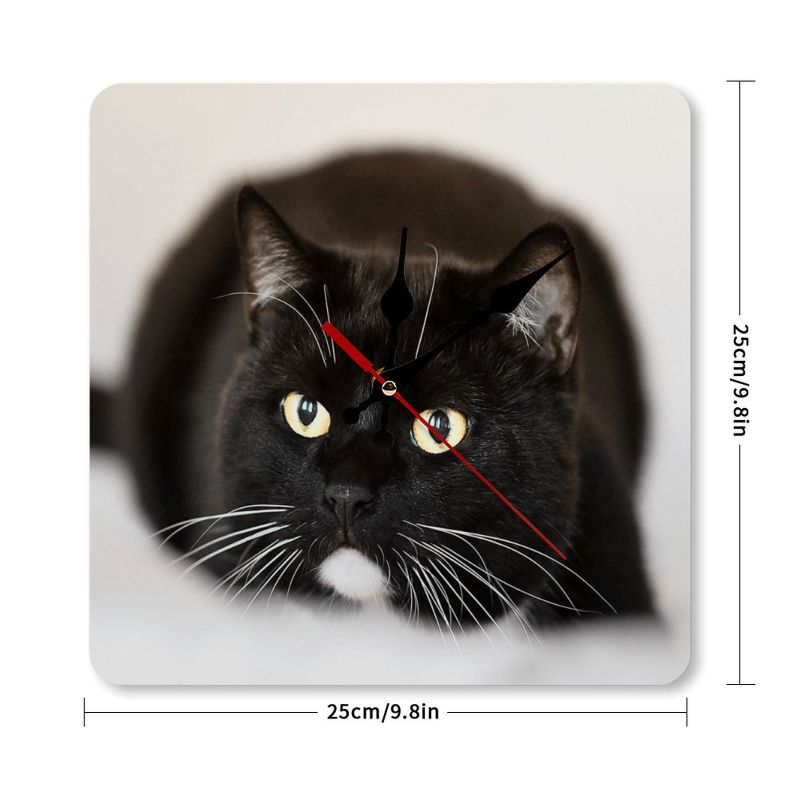 Black cat clock with measurements on a white background