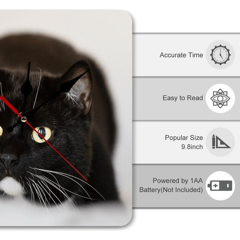 Black cat clock with features listed on a gray background