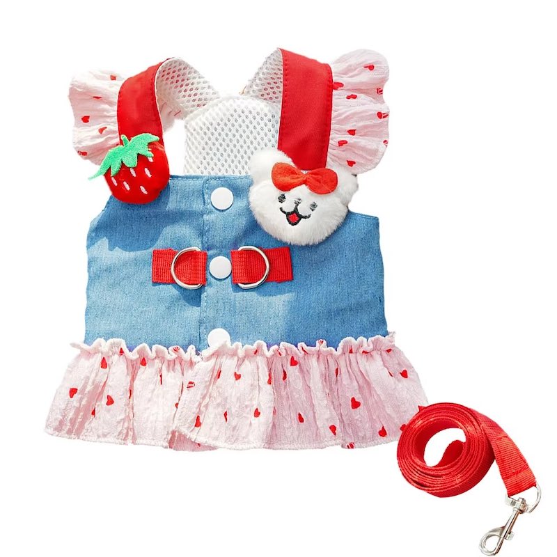 Pet outfit with denim dress, red bow, and strawberry design on a white background