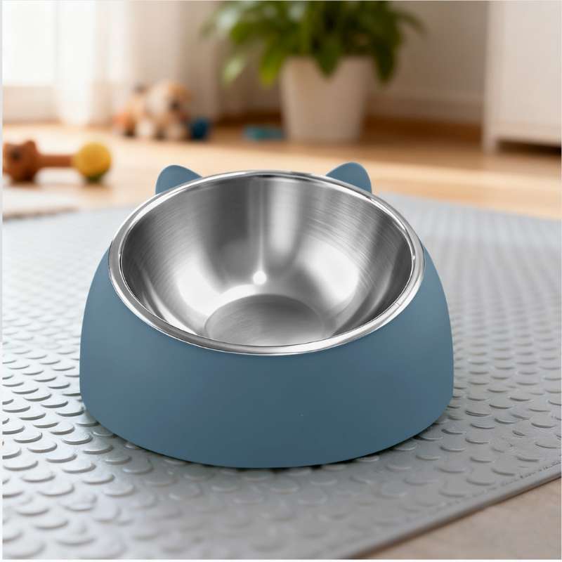 Blue pet bowl with a metallic interior on a textured mat, with a blurred indoor background.