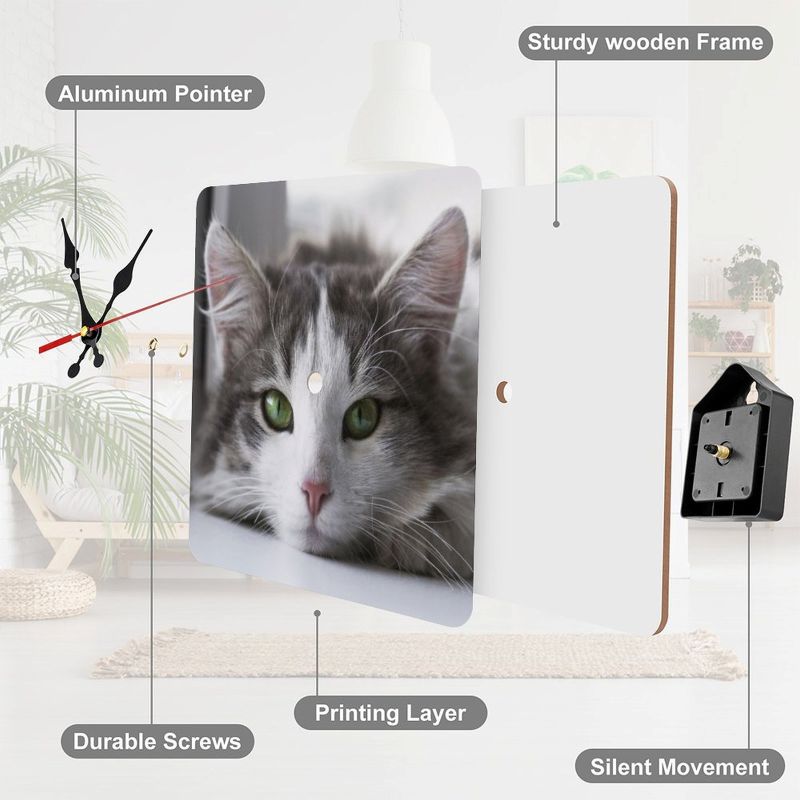 Wall clock with a cat design, labeled parts on a white background