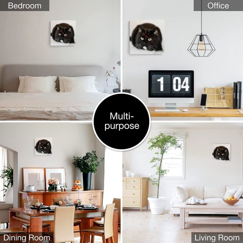 Collage of a cat painting in different rooms labeled 'Bedroom', 'Office', 'Dining Room', and 'Living Room'.