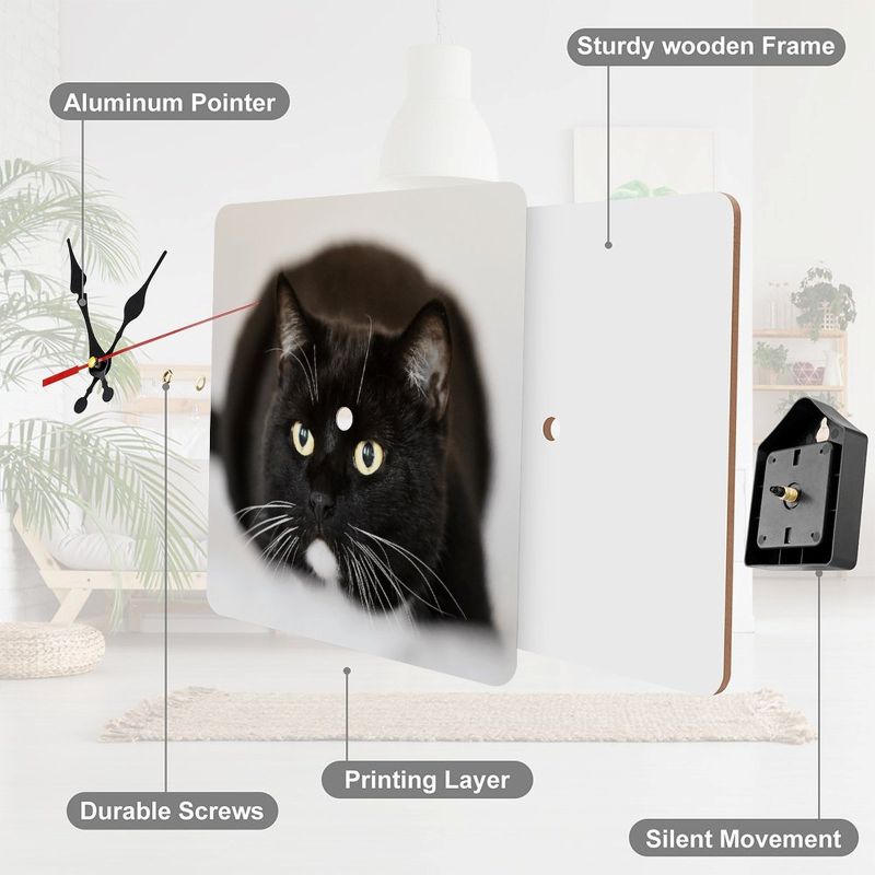 Wall clock with a black cat design, labeled parts on a white background