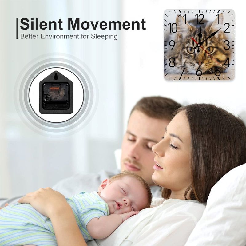 Family in bed with a baby, a clock showing a cat, and text about silent movement for better sleeping.