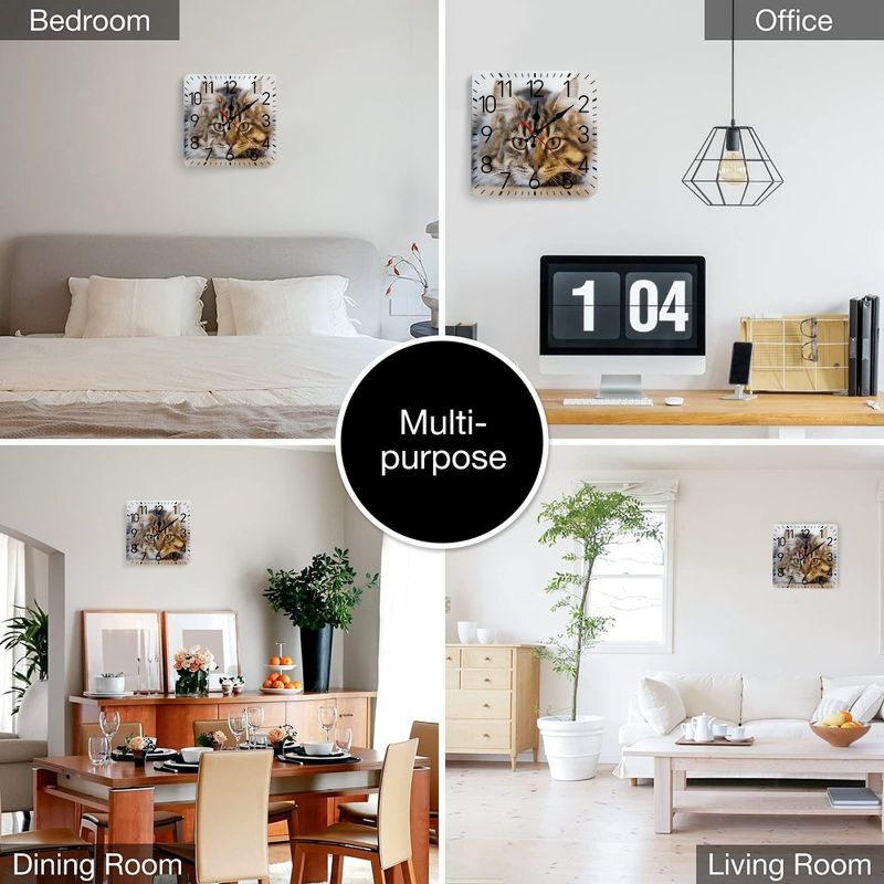 Collage of a clock in different rooms including bedroom, office, dining room, and living room.