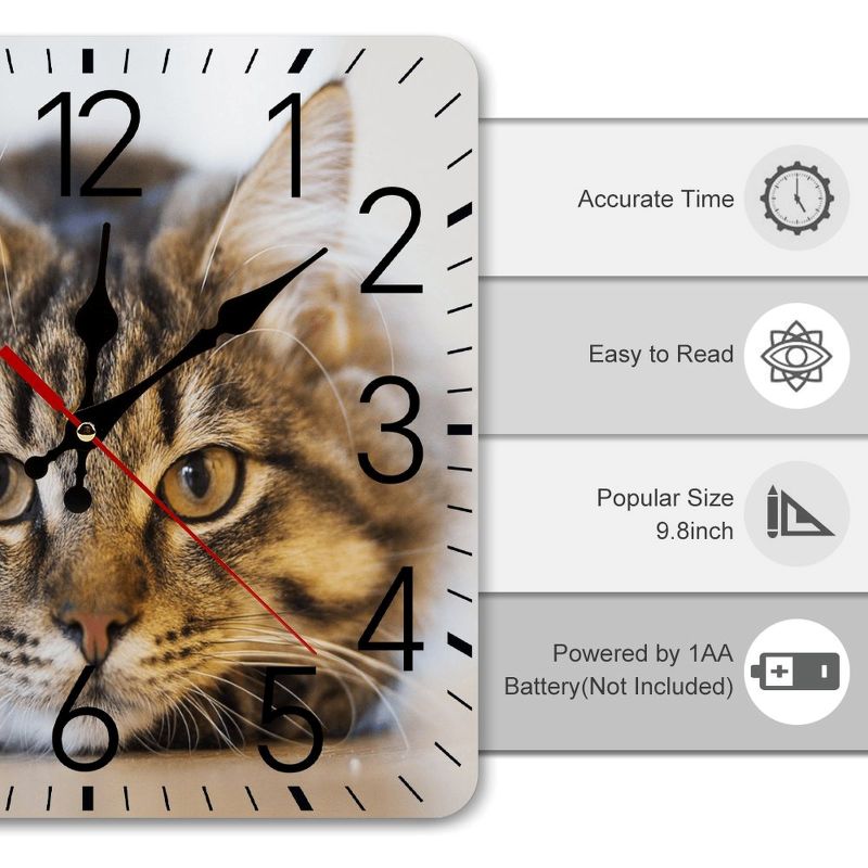 Cat-themed clock with features listed on a gray background