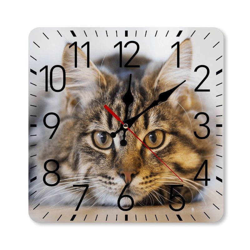 Square wall clock with a cat's face on the face, showing the time.