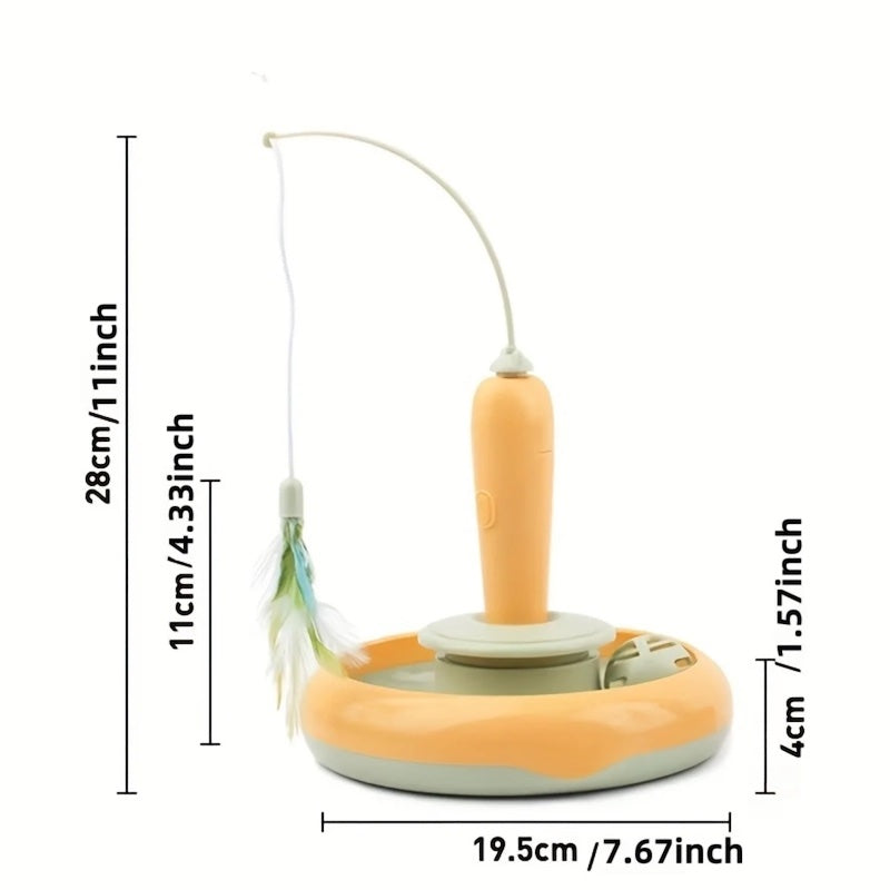 A pet toy with a circular base, orange cylindrical handle, curved wand, and feather tassel, shown with measurement lines and labels indicating height, width, and depth on a white background.